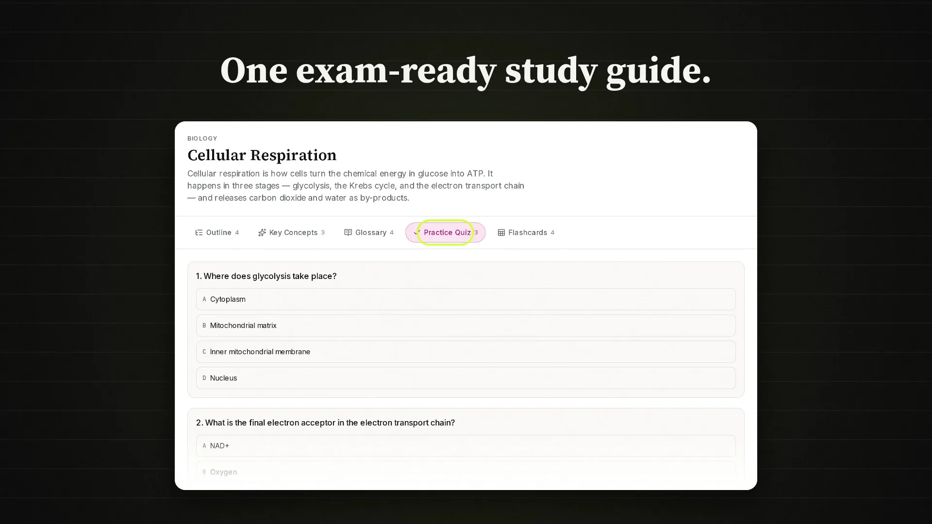 A white biology study guide titled Cellular Respiration with an outline, key concepts, a glossary, a practice quiz, and flashcards.